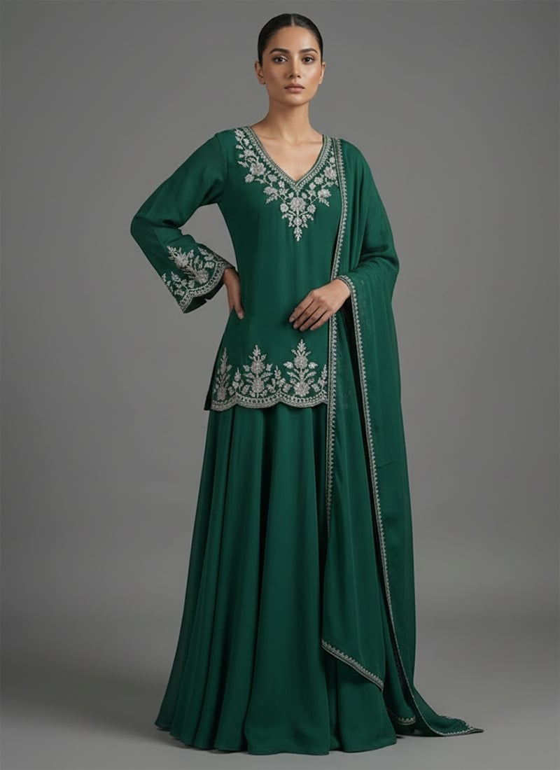 Green Faux Georgette Zari Foil Embroidered A Line Lehenga Festive Wear