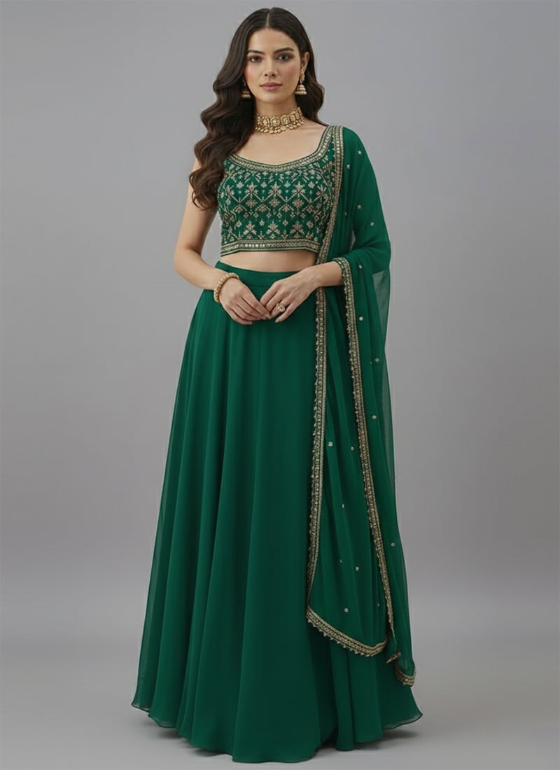 Green Faux Georgette Zari Foil Embroidered Sequins Work Lehenga Wedding Wear