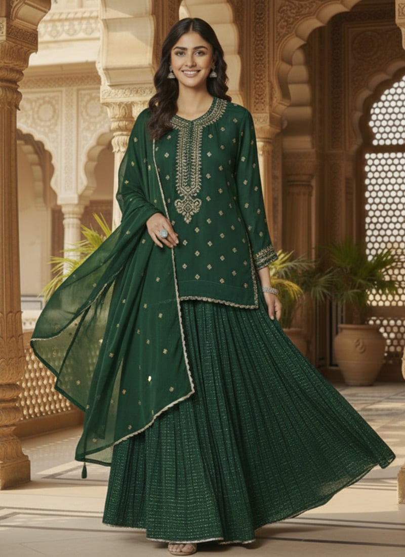 Green Faux Georgette Zari Foil Print Long Choli Lehenga Set Festive Wear