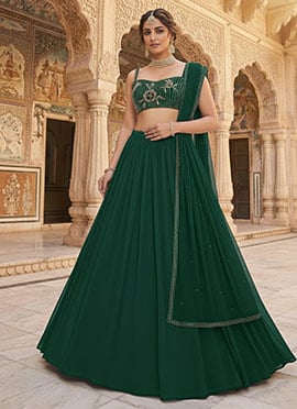 Green Faux Georgette Zari Hand Embroidered Lehenga