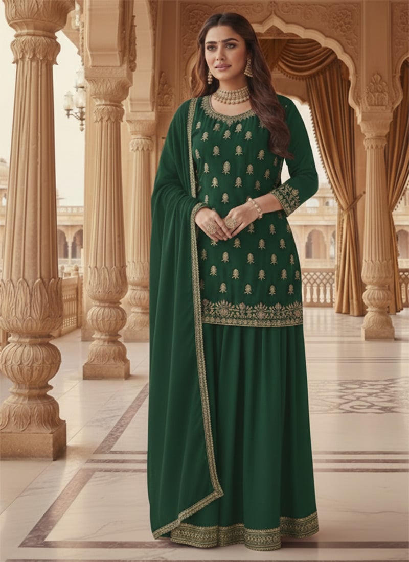Green Faux Georgette Zari Hand Embroidered Long Choli Lehenga Set Festive Wear