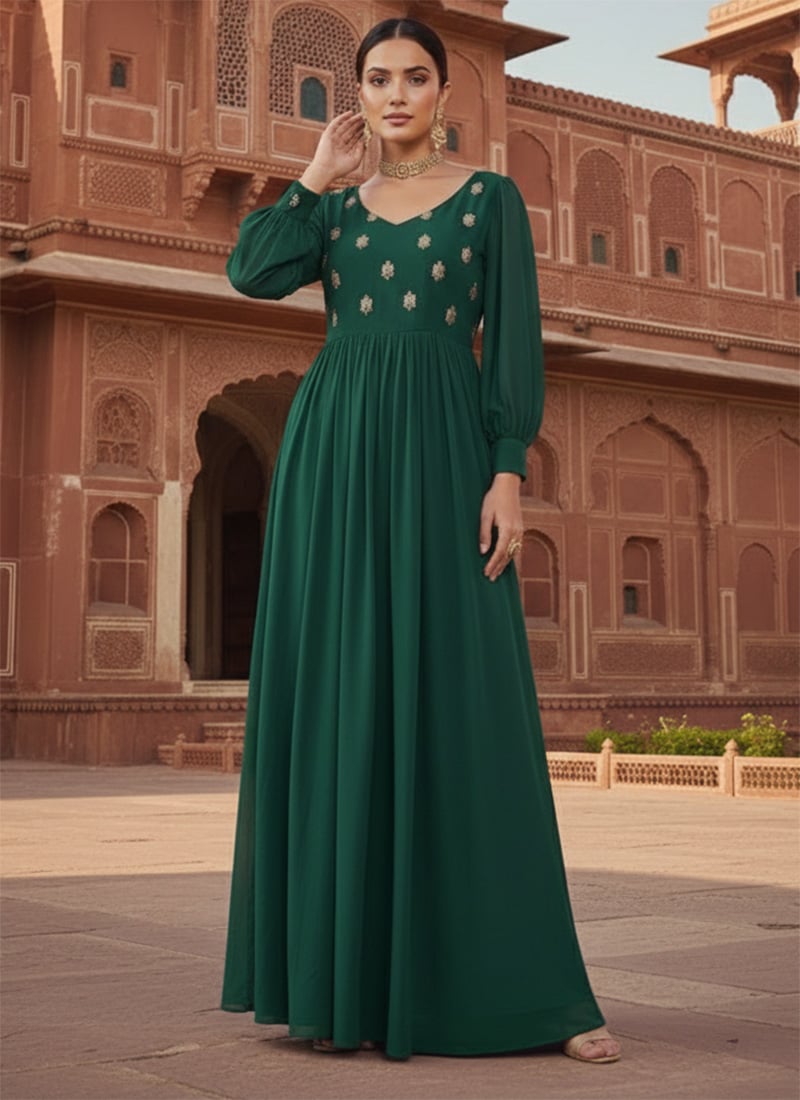 Green Faux Georgette Zari Hand Embroidered Sequins Anarkali Gown Wedding Wear