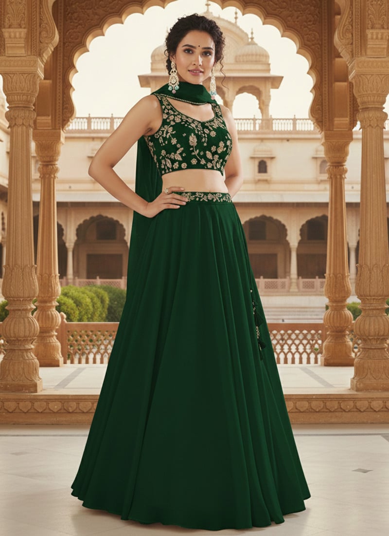 Green Faux Georgette Zari Hand Embroidered Sequins Stone Work Lehenga Wedding Wear