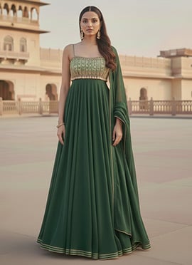 Green Faux Georgette Zari Hand Embroidered Sequins With Stone Work Anarkali Suit