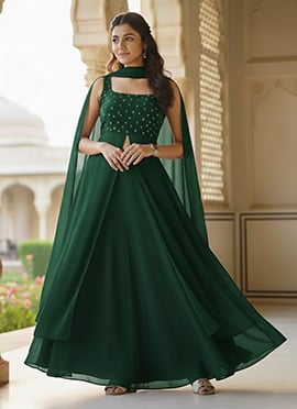 Green Faux Georgette Zari Long Choli Lehenga