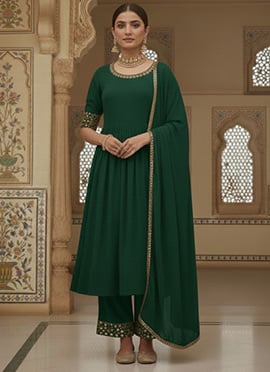 Green Faux Georgette Zari Mirror Work Hand Embroidered Anarkali Suit