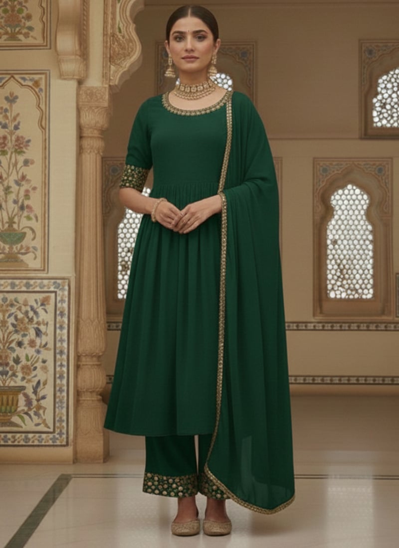 Green Faux Georgette Zari Mirror Work Hand Embroidered Anarkali Suit Festive Wear
