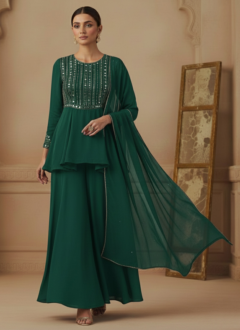Green Faux Georgette Zari Mirror Work Hand Embroidered Palazzo Suit Festive Wear