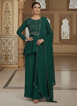 Green Faux Georgette Zari Mirror Work Hand Embroidered Palazzo Suit