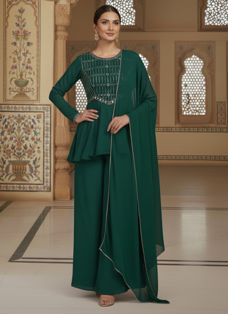 Green Faux Georgette Zari Mirror Work Hand Embroidered Palazzo Suit Festive Wear