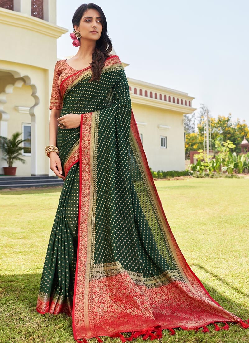 Green Faux Georgette Zari Saree Festive Wear