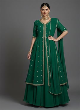 Green Faux Georgette Zari Sequins Anarkali Style Lehenga Set