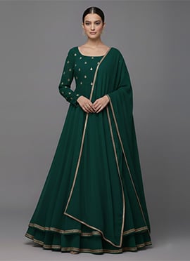 Green Faux Georgette Zari Sequins Anarkali Style Lehenga Set