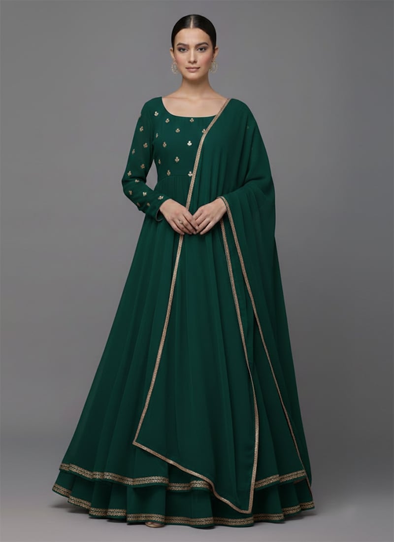 Green Faux Georgette Zari Sequins Anarkali Style Lehenga Set Festive Wear