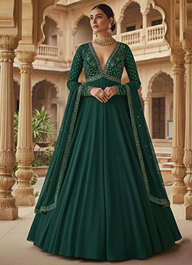 Green Faux Georgette Zari Sequins Anarkali Suit