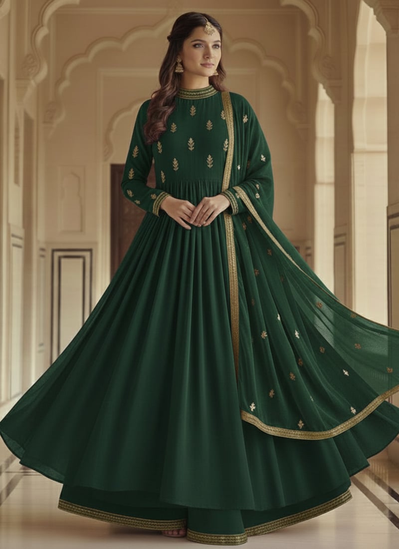 Green Faux Georgette Zari Sequins Anarkali Suit Festive Wear