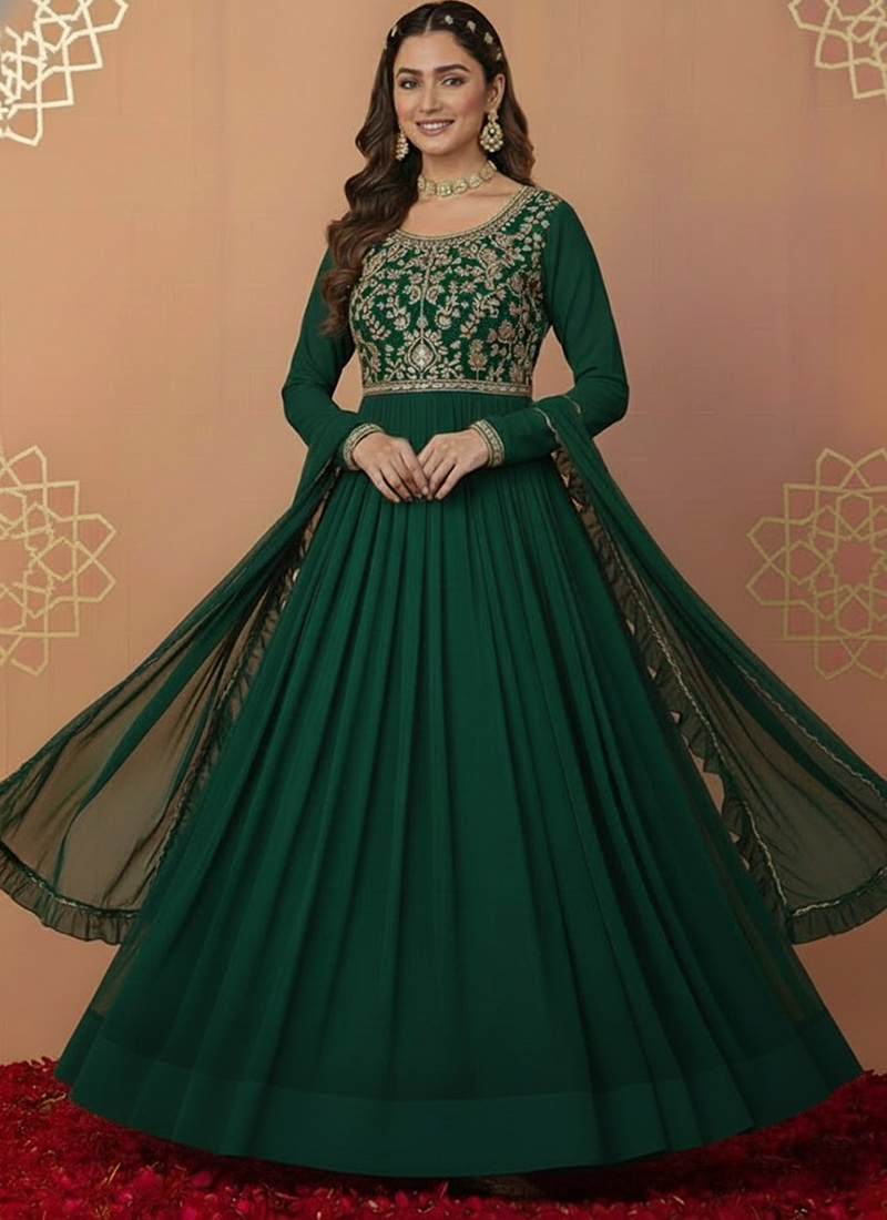 Green Faux Georgette Zari Sequins Anarkali Suit Festive Wear