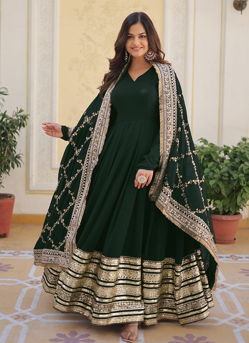 Green Faux Georgette Zari Sequins Embroidered Anarkali Suit Festive Wear