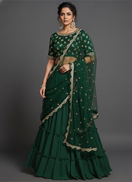 Green Faux Georgette Zari Sequins Foil Embroidered Lehenga Set