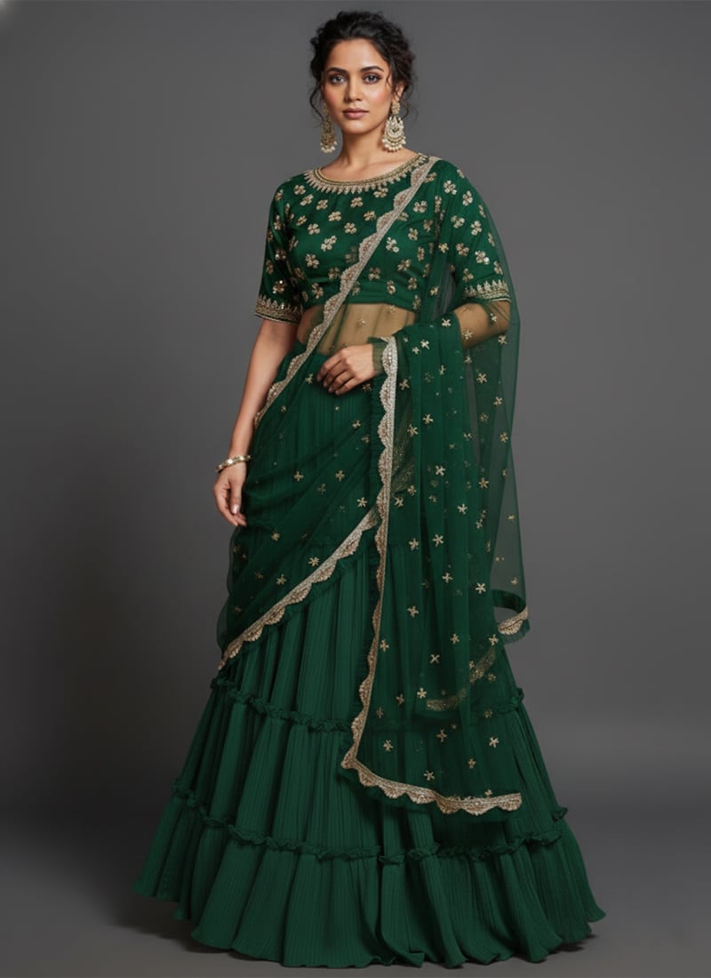 Green Faux Georgette Zari Sequins Foil Embroidered Lehenga Set Wedding Wear