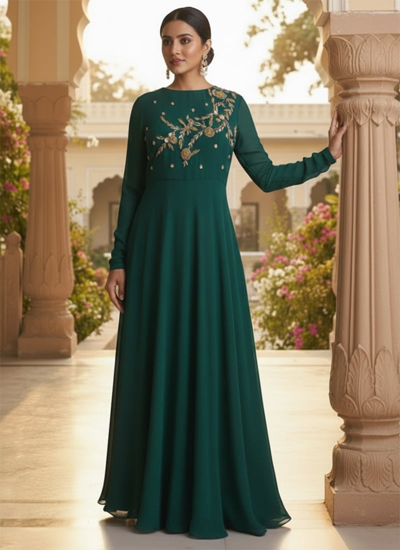 Green Faux Georgette Zari Sequins Gown After Six Wear