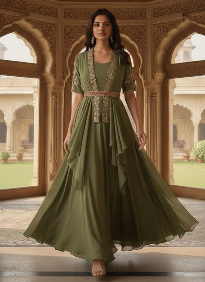 Green Faux Georgette Zari Sequins Gown After Six Wear