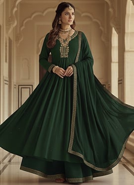 Green Faux Georgette Zari Sequins Hand Embroidered Anarkali Suit