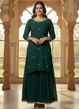 Green Faux Georgette Zari Sequins Hand Embroidered Palazzo Suit