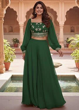 Green Faux Georgette Zari Sequins Indowestern Palazzo Set