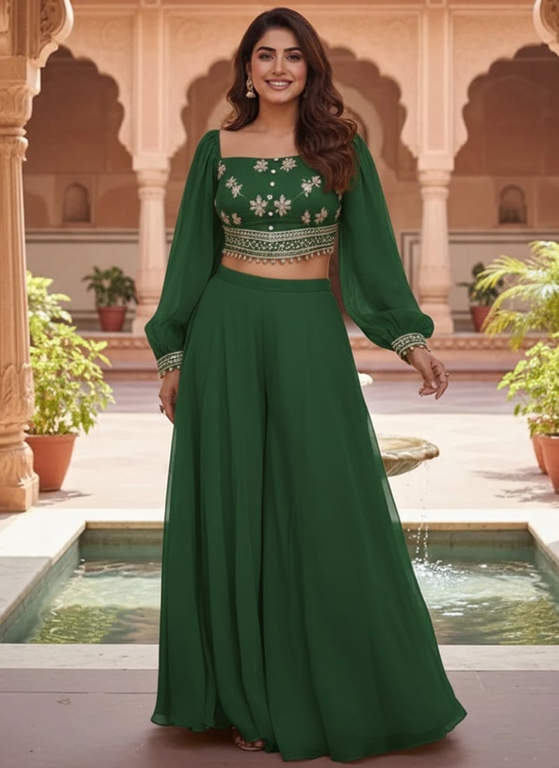 Green Faux Georgette Zari Sequins Indowestern Palazzo Set  Wedding Wear