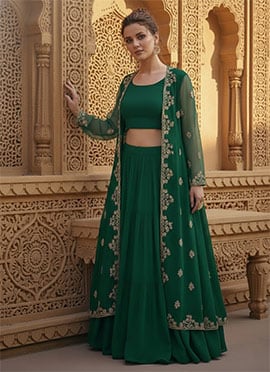Green Faux Georgette Zari Sequins Indowestern Set and Suit