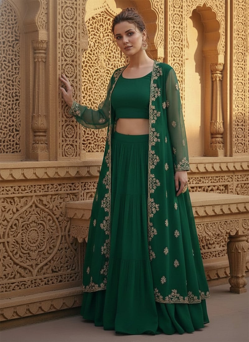 Green Faux Georgette Zari Sequins Indowestern Set and Suit Wedding Wear
