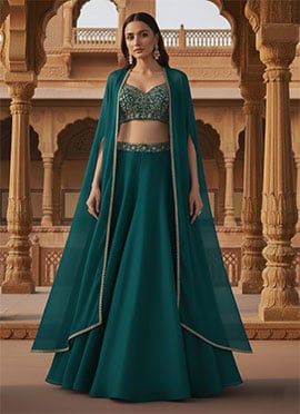 Green Faux Georgette Zari Sequins Indowestern Skirt Set With Jacket