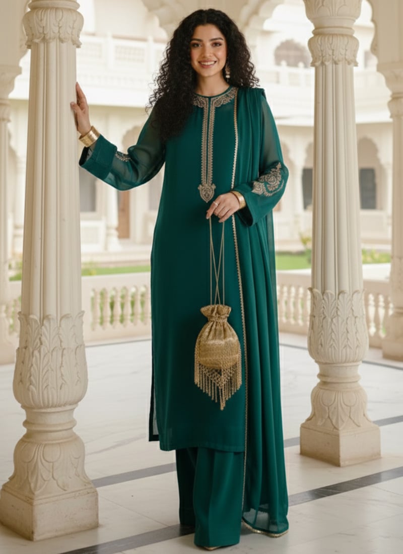 Green Faux Georgette Zari Sequins Palazzo Suit Festive Wear