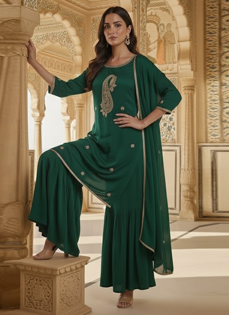 Green Faux Georgette Zari Sequins Sharara Suit Festive Wear