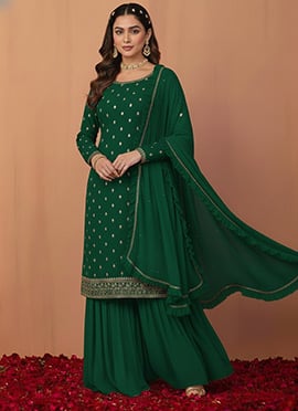 Green Faux Georgette Zari Sequins Sharara Suit