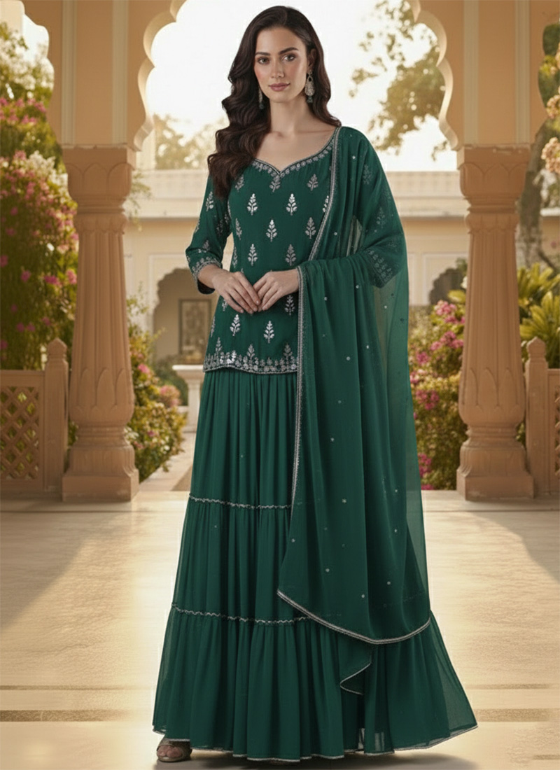 Green Faux Georgette Zari Stone Work Long Choli Lehenga Festive Wear