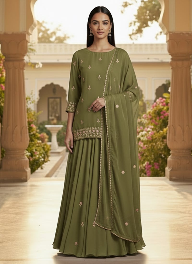 Green Faux Georgette Zari Stones Long Choli Lehenga Festive Wear