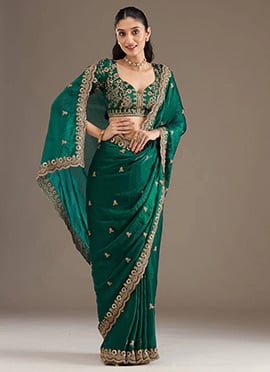 Green Fendy Satin Silk Zari Embroidered Sequins Saree