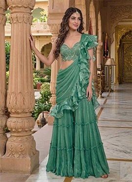Green Fendy Silk Beads Hand Embroidered Designer Sharara Style Saree