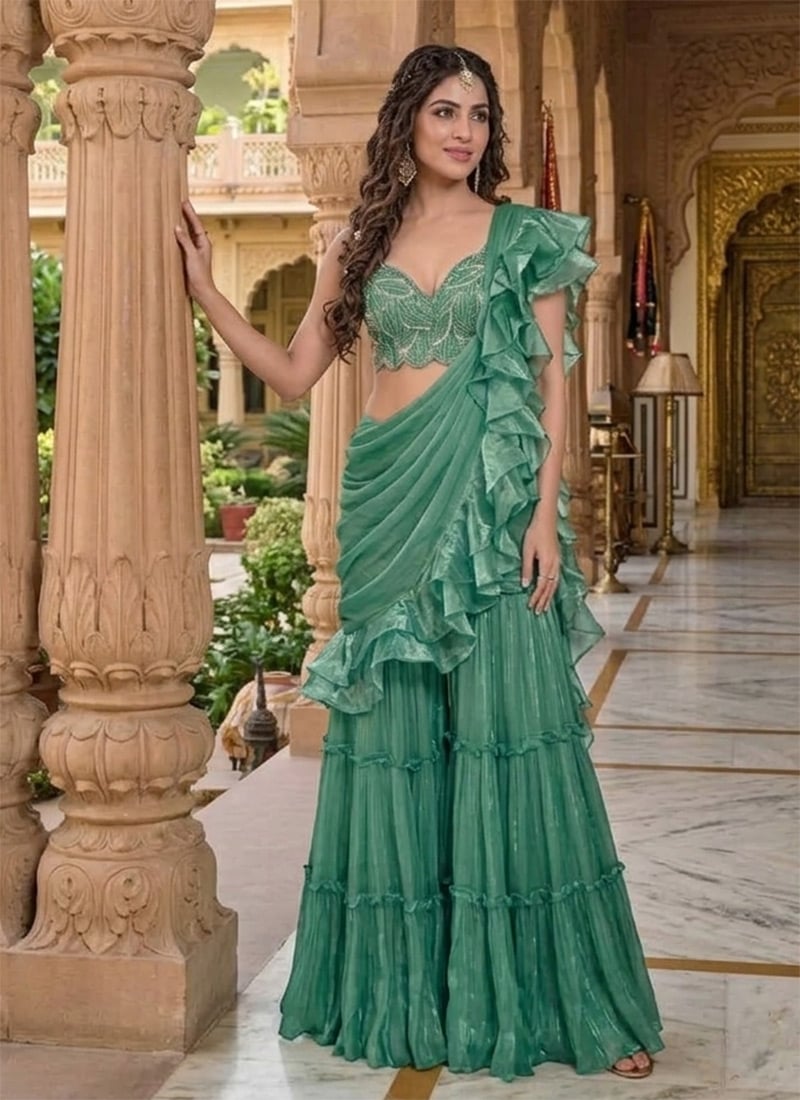 Green Fendy Silk Beads Hand Embroidered Designer Sharara Style Saree Wedding Wear