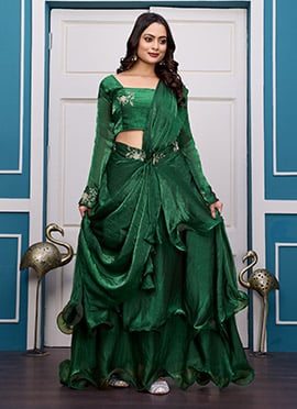 Green Fendy Silk Embroidered Lehenga