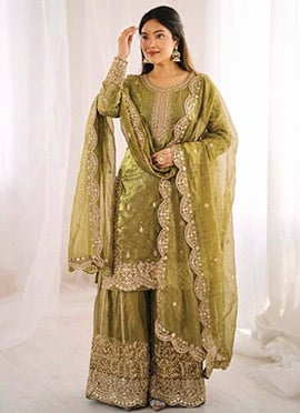 Green Fendy Silk Embroidered Sequins Moti Palazzo Suit