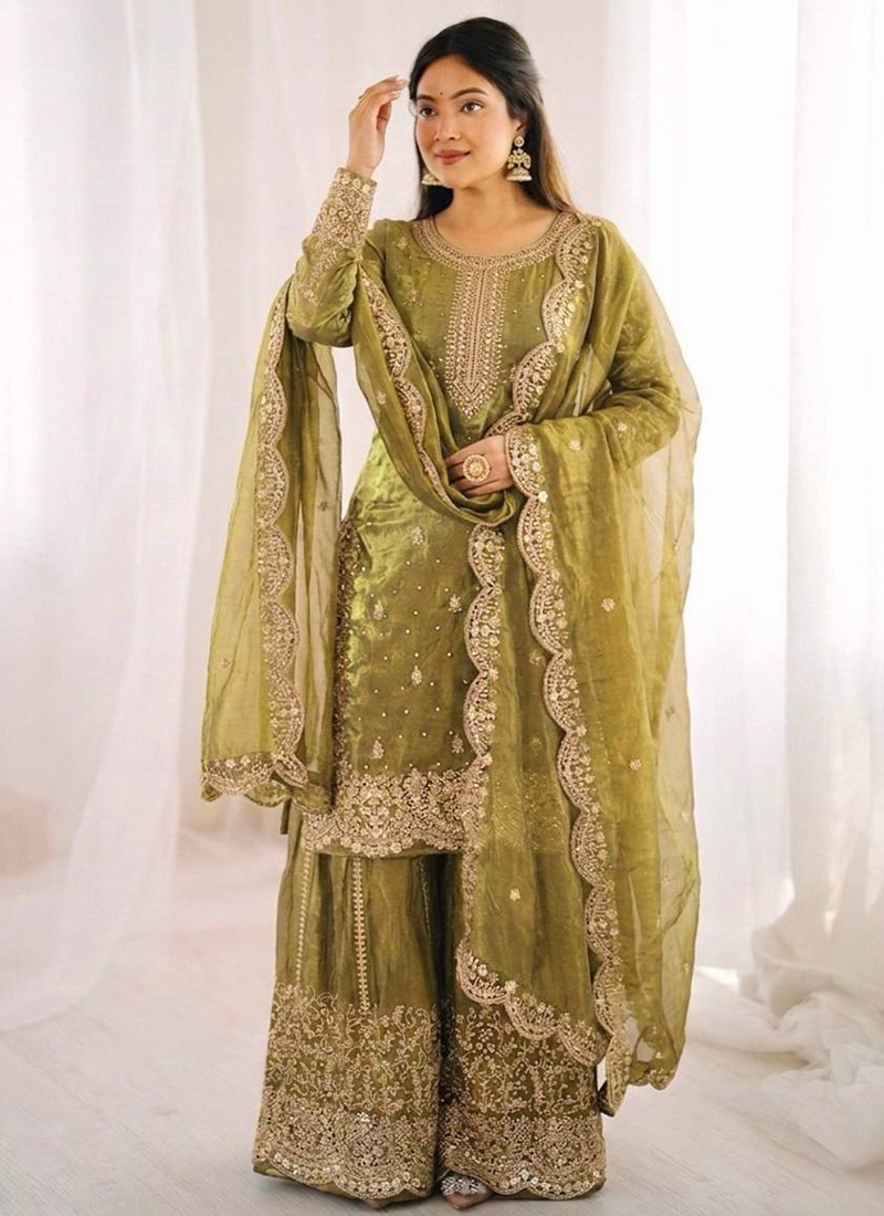 Green Fendy Silk Embroidered Sequins Moti Palazzo Suit Festive Wear