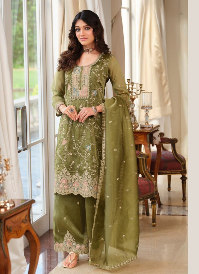 Green Fendy Silk Embroidered Sequins Palazzo Suit Festive Wear