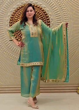 Green Fendy Silk Mirror Work Palazzo Suit