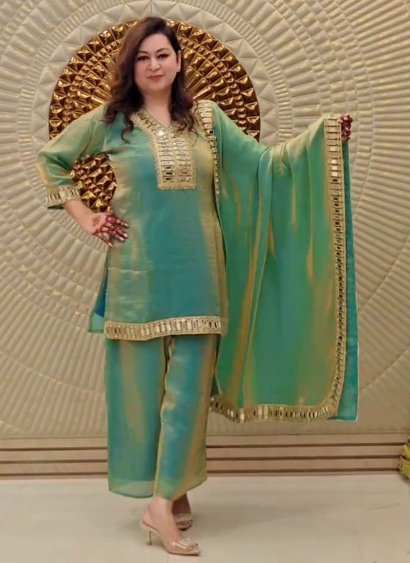 Green Fendy Silk Mirror Work Palazzo Suit Festive Wear