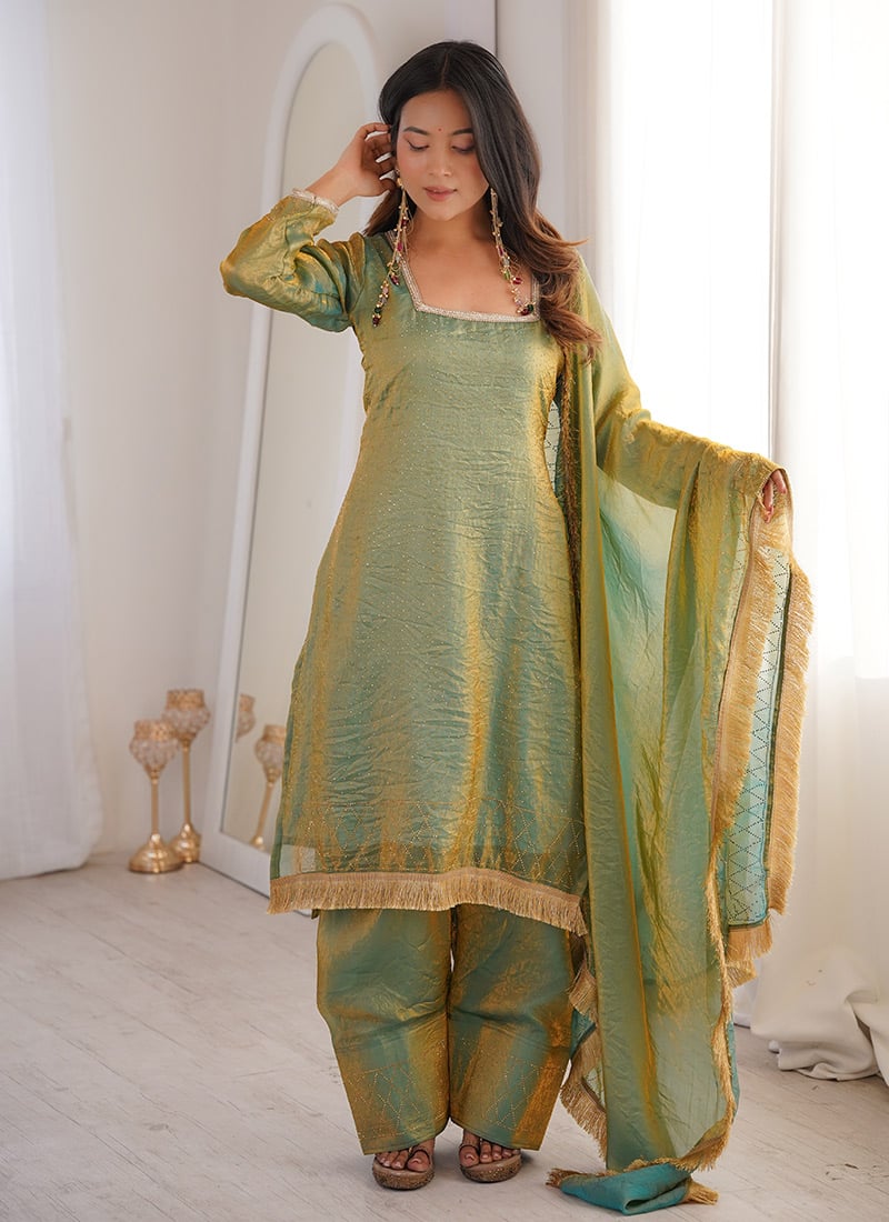 Green Fendy Silk Ready Made Lace On Neckline Diamond Work Farshi Salwar Suit After Six Wear
