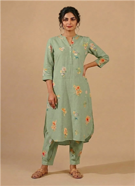 Green Floral Cotton Straight Kurta With Straight Pants