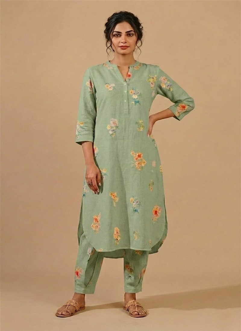 Green Floral Cotton Straight Kurta With Straight Pants After Six Wear